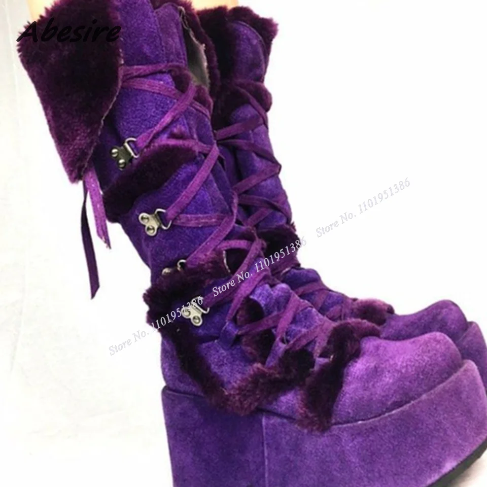 Abesire Purple Fur Decor Platform Boots Lace up Wedges Heel Round Toe Shoes for Women Chunky High Heel New Zapatillas Mujer