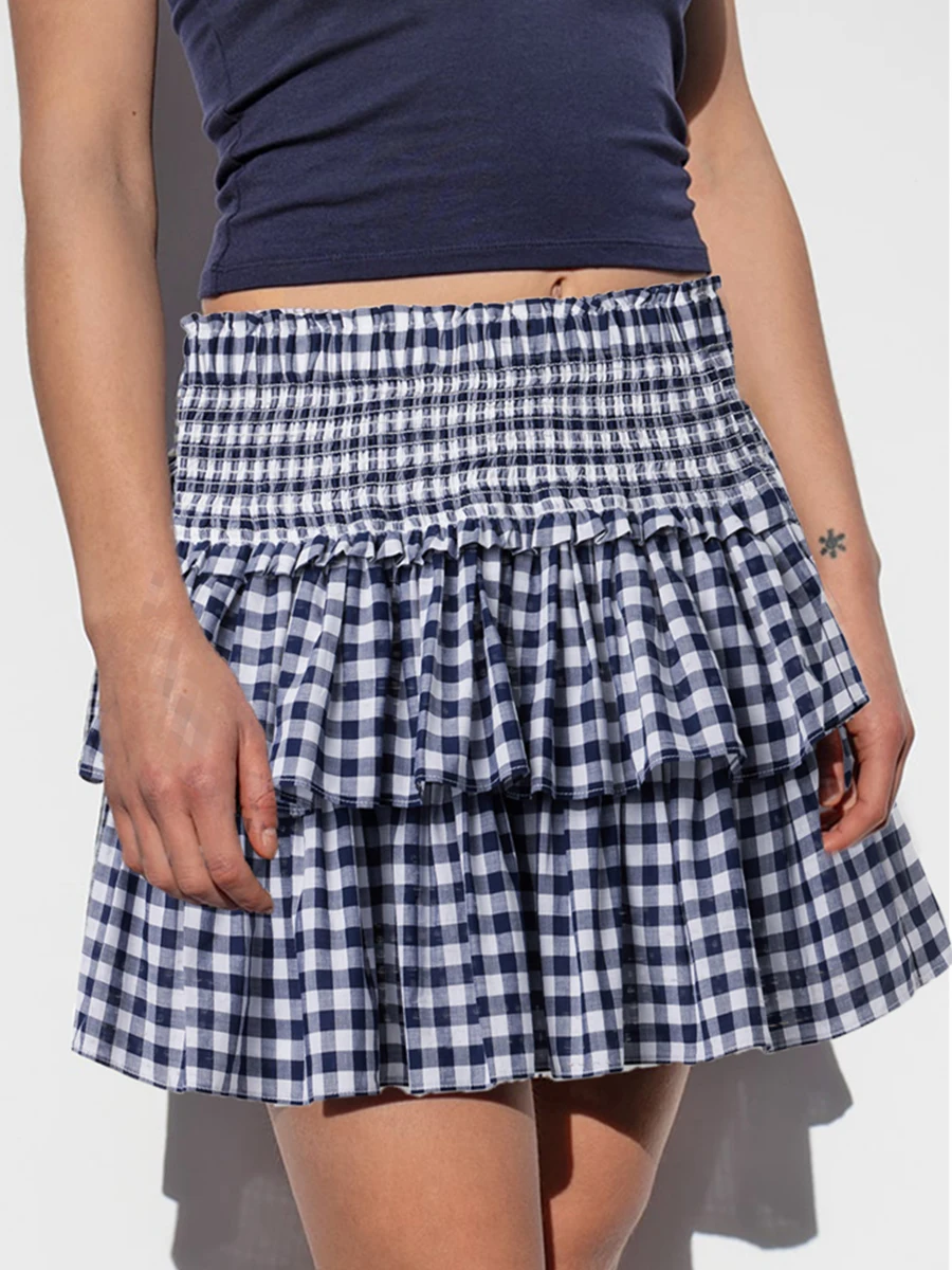 

Gingham Ruffle Smocked Waist Skirt Women Y2k Vintage Plaid Print Mini Skirts Shirred A-Line Skirts Swing Layered Cake Skirts