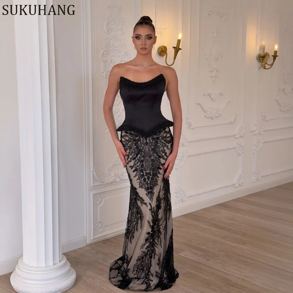 فستان سهرة حورية البحر أنيق بدون حمالات باللون الأسود الزمردي من SUKUHANG للنساء لحفلات الزفاف الرسمية العربية من الدانتيل حسب الطلب #1