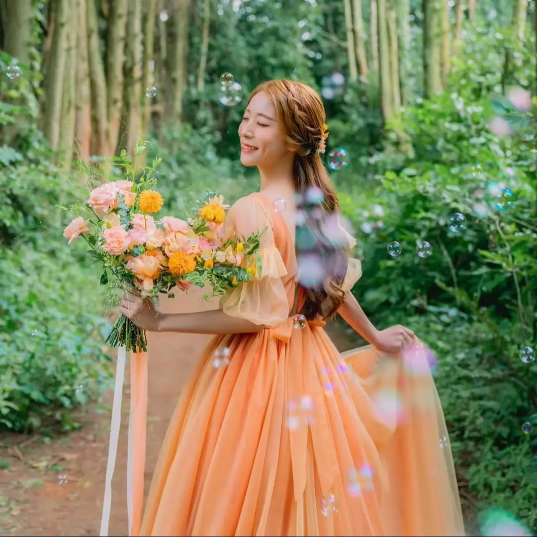 

Giyu Elegant Orange Wedding Party Dresses A-line Tulle Short Puff Sleeves Korea Photoshoot Pleat Customized 2025 Evening Gowns