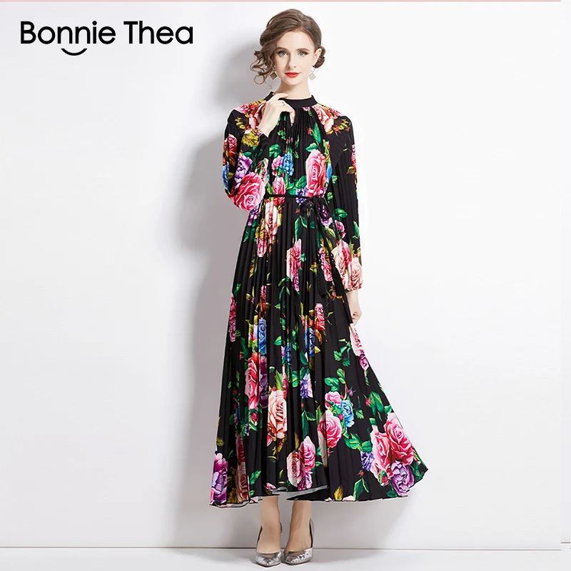 

Bonnie Thea Autumn Elegant Pleated Print Dress Women Lantern Sleeve Loose Large Size Vintage Party Vestidos Maxi Dress 2023