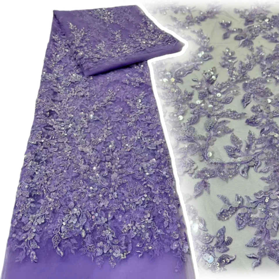 

Wholesale African Sequins Lace Fabric French Embroidery High Quality Luxury Heavy Beaded Bridal Wedding Lace 5 Yards TP1742