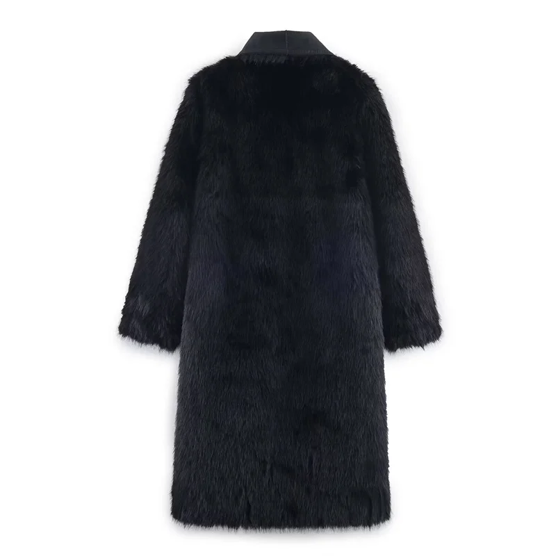 سترة نسائية 2025 خريف نمط جديد أسود طويل الأكمام فو الفراء عكسها معطف طويل أنيق وعصري #3