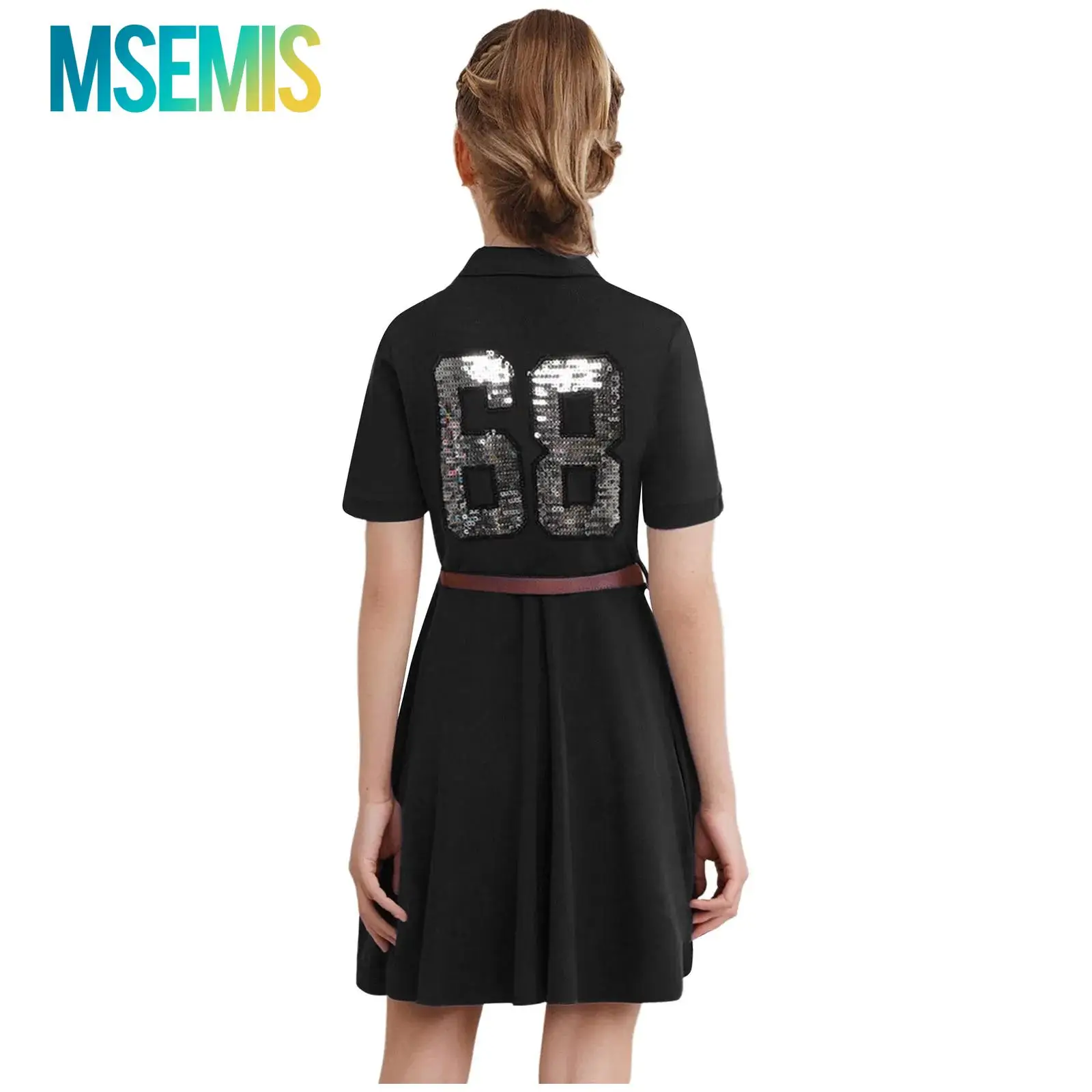 Kids Girls Tennis Sport Dress with Belt Baseball Cheerleader Dance Costume Short Sleeve Sequins Baseball Badminton Dress Uniform