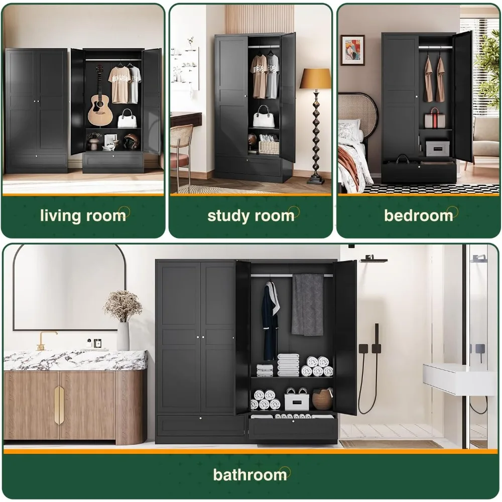 Wardrobe Closet,72 H Clothing Metal Storage Cabinet with Storage Drawer Adjustable Shelves and Hanging Rod,Bedroom Armoir