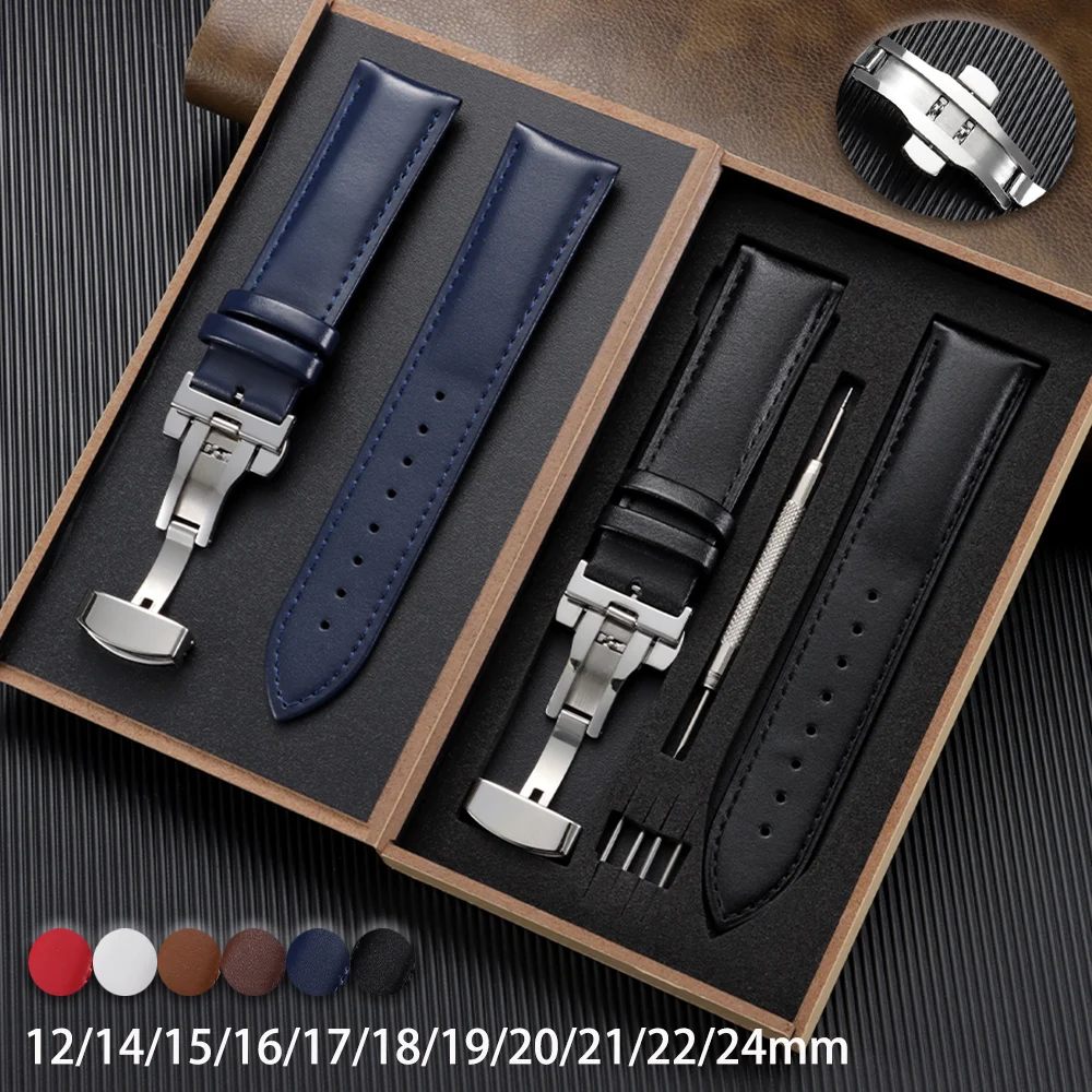 12/14/16/18/19/20/21/22/24 mm Leder-Uhrenarmband, Edelstahl-Schmetterlingsverschluss, Armband, schwarz, braun, Armband mit Box