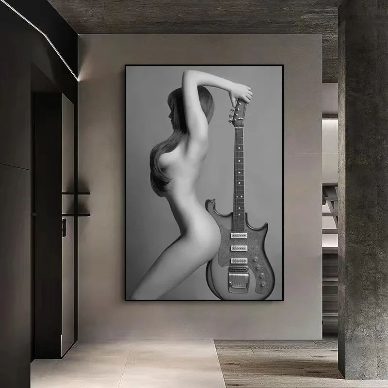 Modern Black and White Nude Art Guitar Sexy Girl Poster and Print Canvas Painting Wall Art Pictures for Bedroom Home Decoration