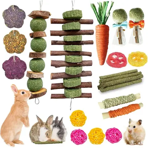 21 Pcs Rabbit Chew Toys for Teeth Natural Bunny Toys Made from Peach Wood and Grass Timothy Sticks to Support Healthy Chewing a