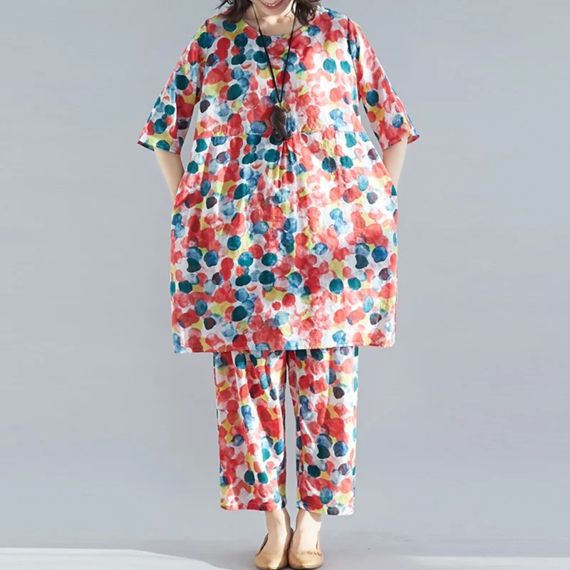 

Faionable Polka Dot Print Cotton Linen Women's Set Midi T-irt Nine Points Casual Pants Floral Two-Piece Set
