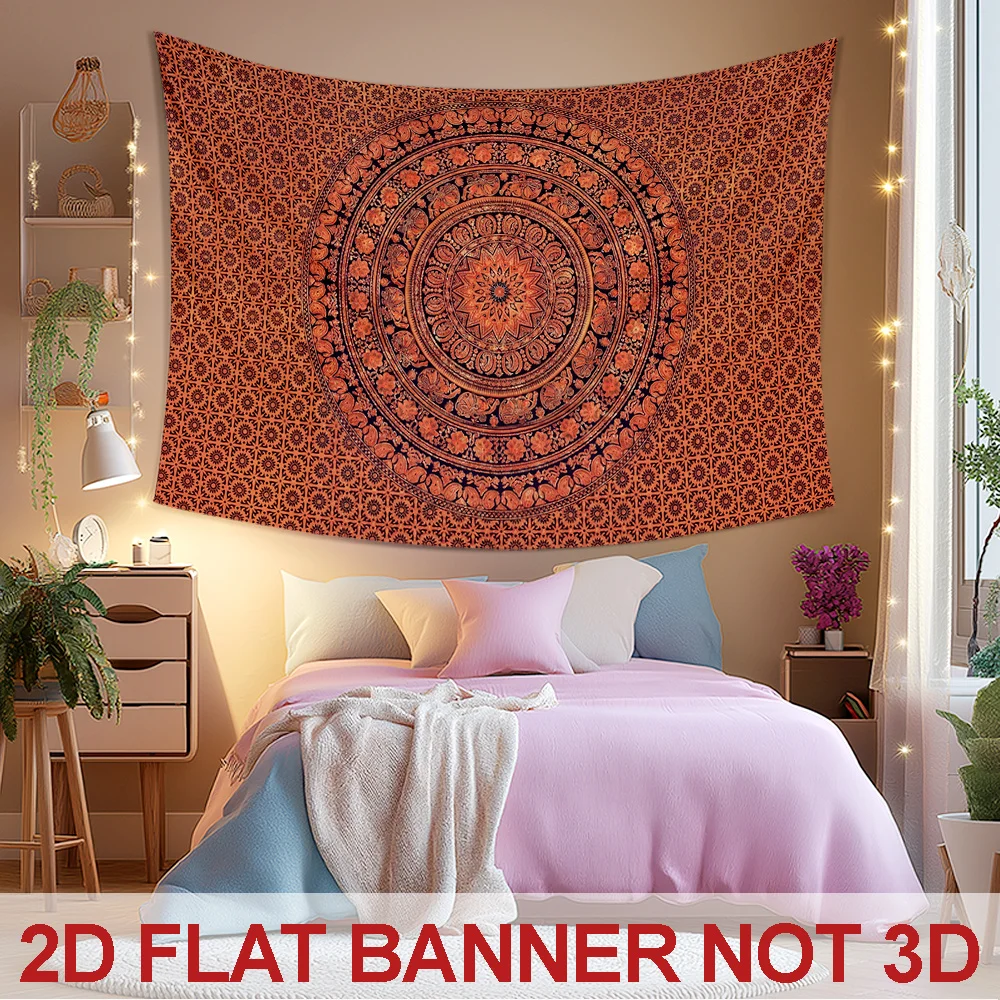 Orange Mandala Tapestry – Rich Red and Brown Geometric Pattern, Bohemian Spiritual Wall Art, for Bedroom or Dorm Decor