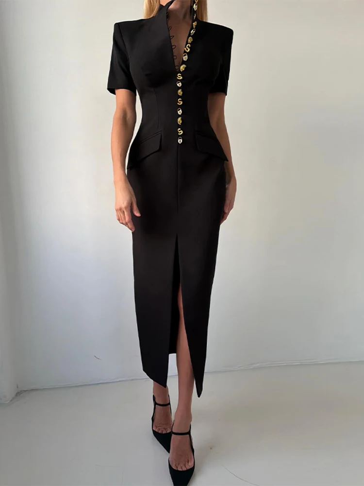 Tief Ausgeschnittenes Kurzarm-Kleid mit Taillenschnürung Langes Damenkleid Sexy Einreihiges Einfarbiges Schlankes Party-Abendkleid Schickes Damenkleid Vestido – Detail 28