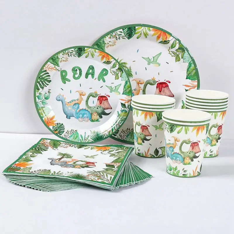 Disposable Dinosaur Birthday Plates Tableware Roar Dinosaur Party Decor Kids Baby Shower Jungle Safari Birthday Party Supplies