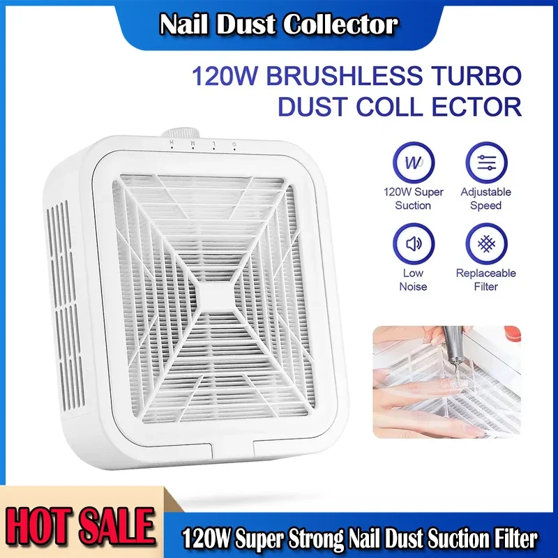 Colector de polvo de uñas súper succión de 120W, potente Extractor de polvo de uñas sin escobillas, ventilador para manicura, aspiradora con 2 filtros