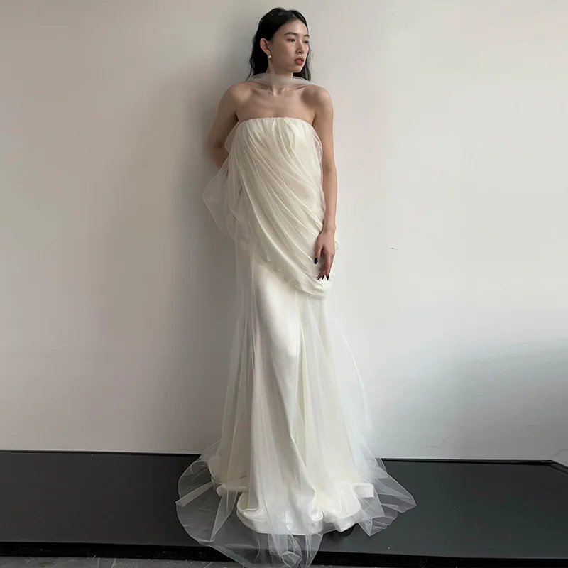 

Morning Gown for Women Bride High-end Simple Satin Strapless Light Wedding Dress Niche French Engagement Dress Reception Outfit