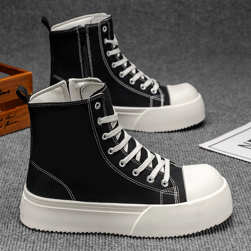 

Classic Black Men Canvas Shoe Size 46 Casual High Top Men Sneaker Quality Ankle Boot Fashion Zipper Platform Street Shoe Men