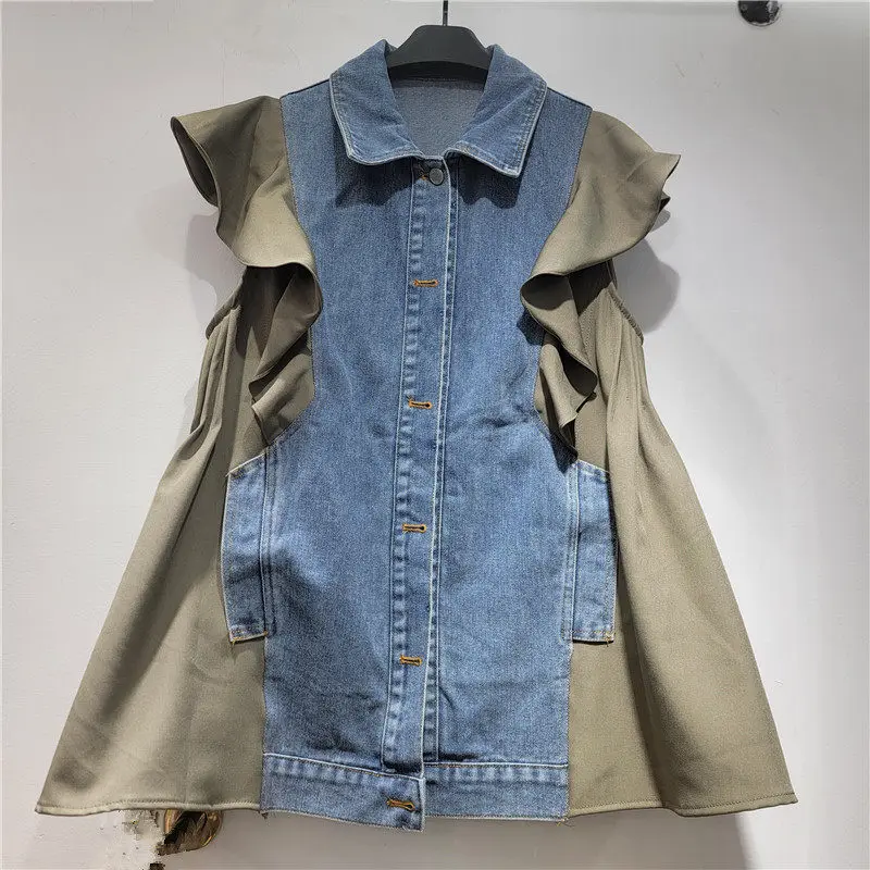 SuperAen European and American-style Design Loose Waist Patchwork Denim Jacket for Women New 2026 Spring and Summer Vests Coats