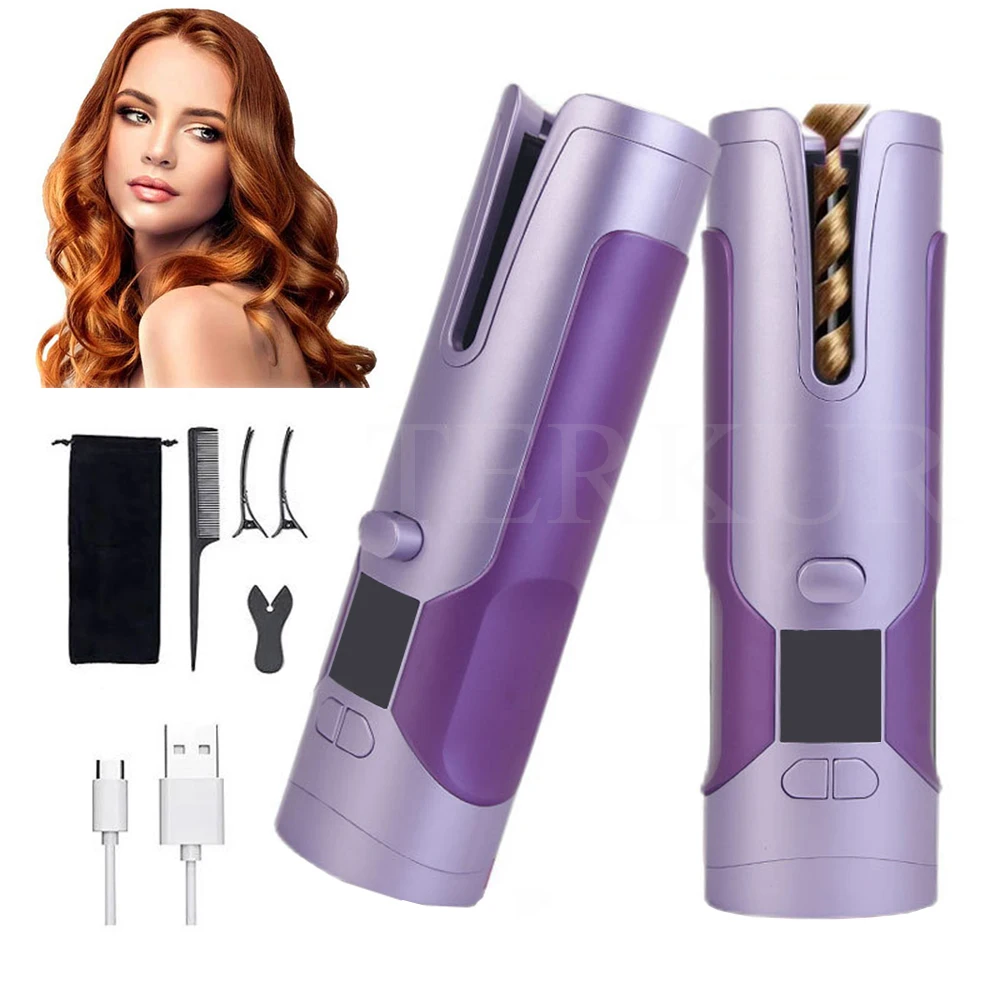 Mute Curling Iron New Hair Curler HD LCD Display Type-C Recharge Wireless Rotate Ceramic Automatic Roller Portable Styling Tools