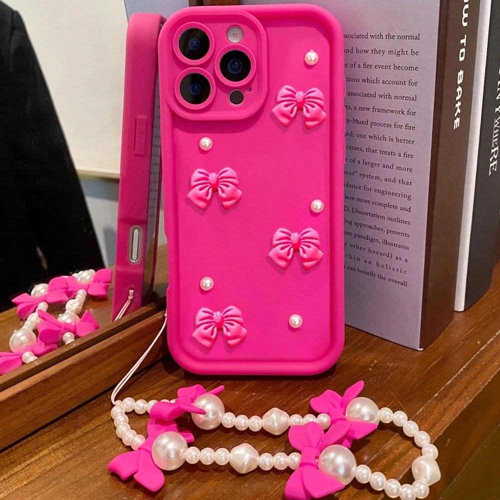 Custodia per telefono in silicone coreano 3D Bowknot Perla per iPhone 16 17 Pro 15 14 13 12 11 Pro Max 16E 7 8 Plus con copertura morbida con cordino