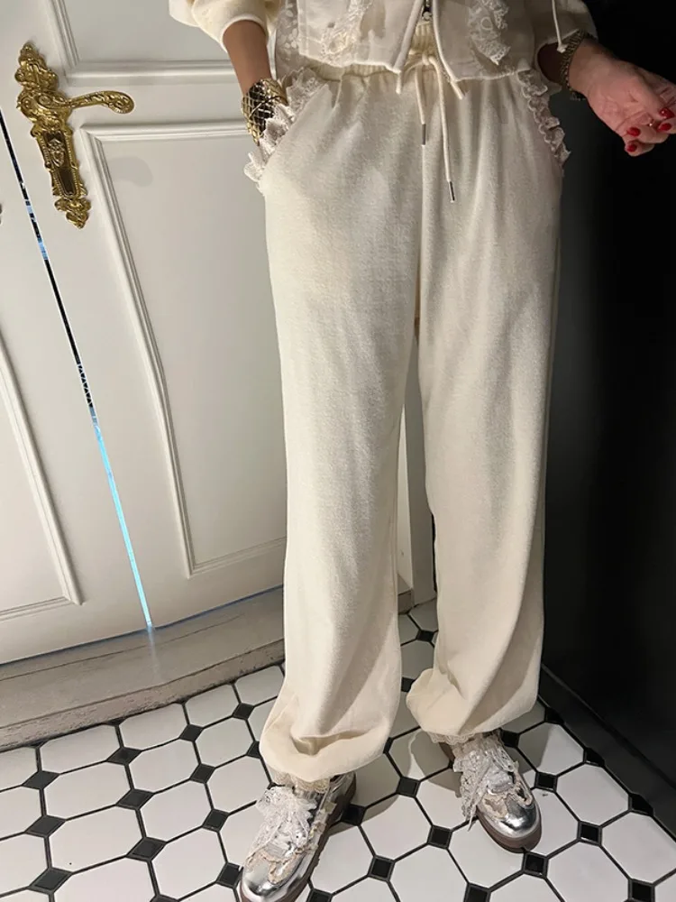 レディースパーカー Jaet パッチワーク レーストリム ハイウエスト カジュアル ロングパンツ 2点セット 通勤 Sle 混合生地 秋冬