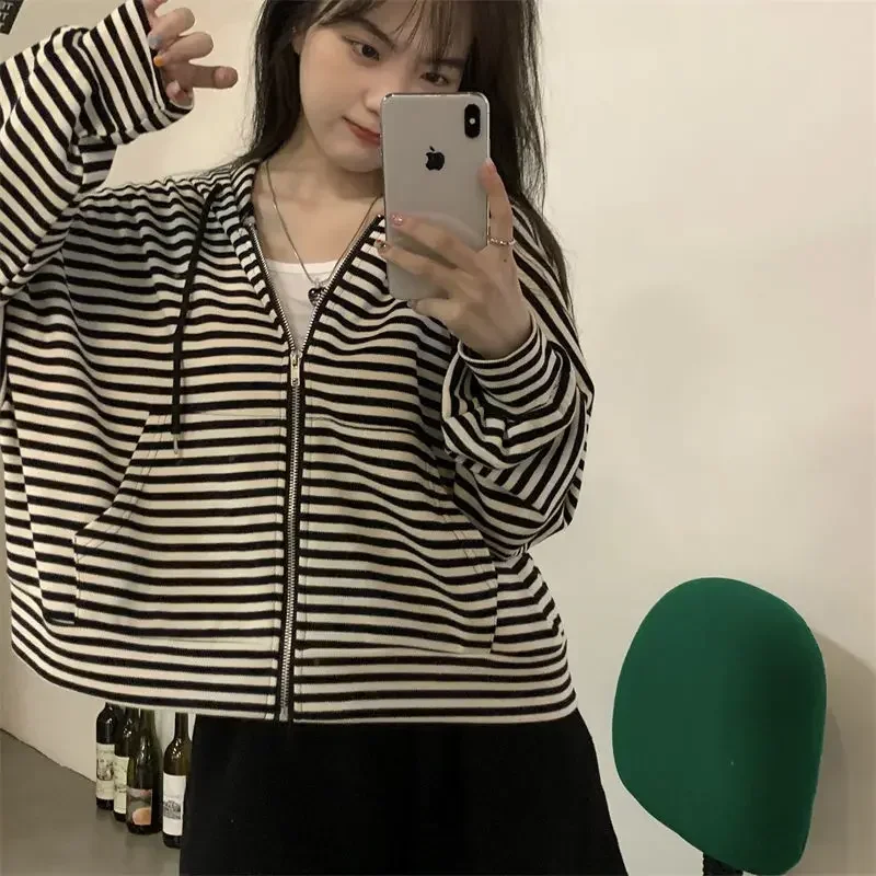 With Hat Hoodies Zip Up Striped Cropped Design Cool Streetwear Korean Style Retro Fashion Basic All-match Preppy Loose Mujer Ins