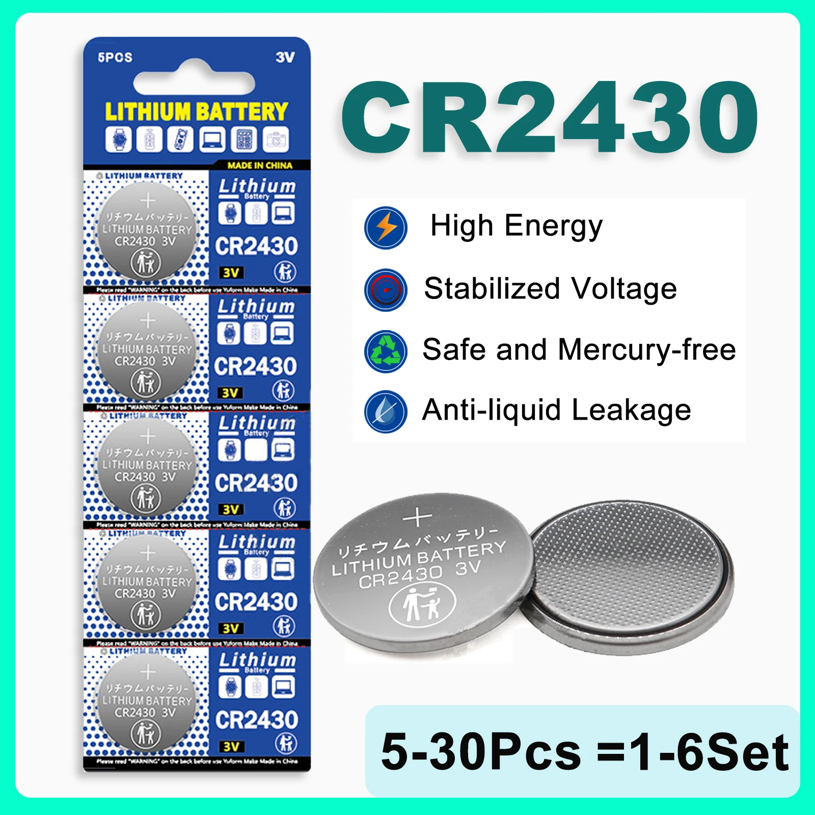 

5-30Pcs CR2430 3V Coins Cell Battery CR 2450 ECR2430 DL2430 Lithium Button Battery For Watch Calculator Clock Remote Control Toy