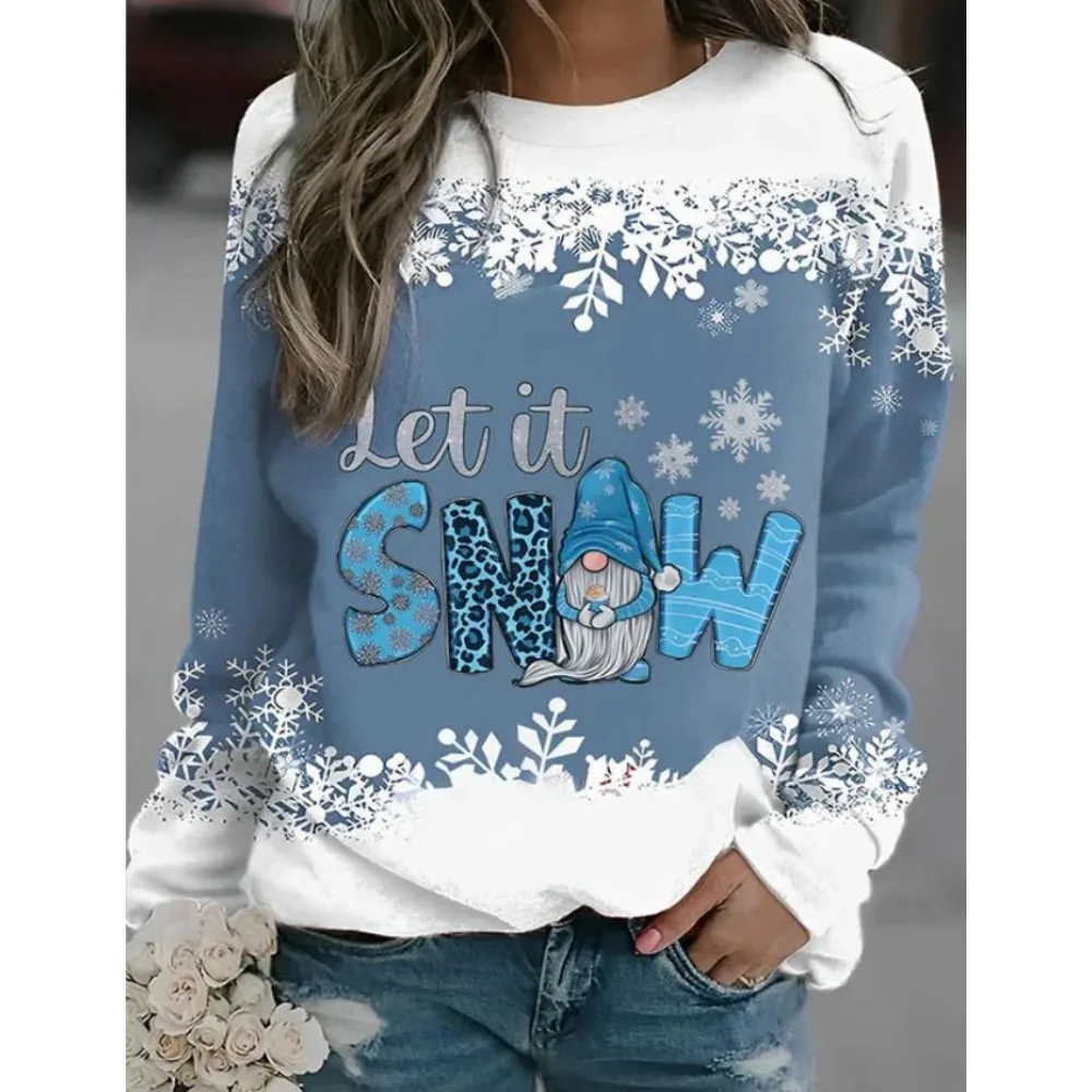 المرأة البلوز البلوز عيد الميلاد البلوز الرسم ثلج سانتا كلوز ندفة الثلج عارضة الشارع الشهير س الرقبة طويلة الأكمام أعلى #3