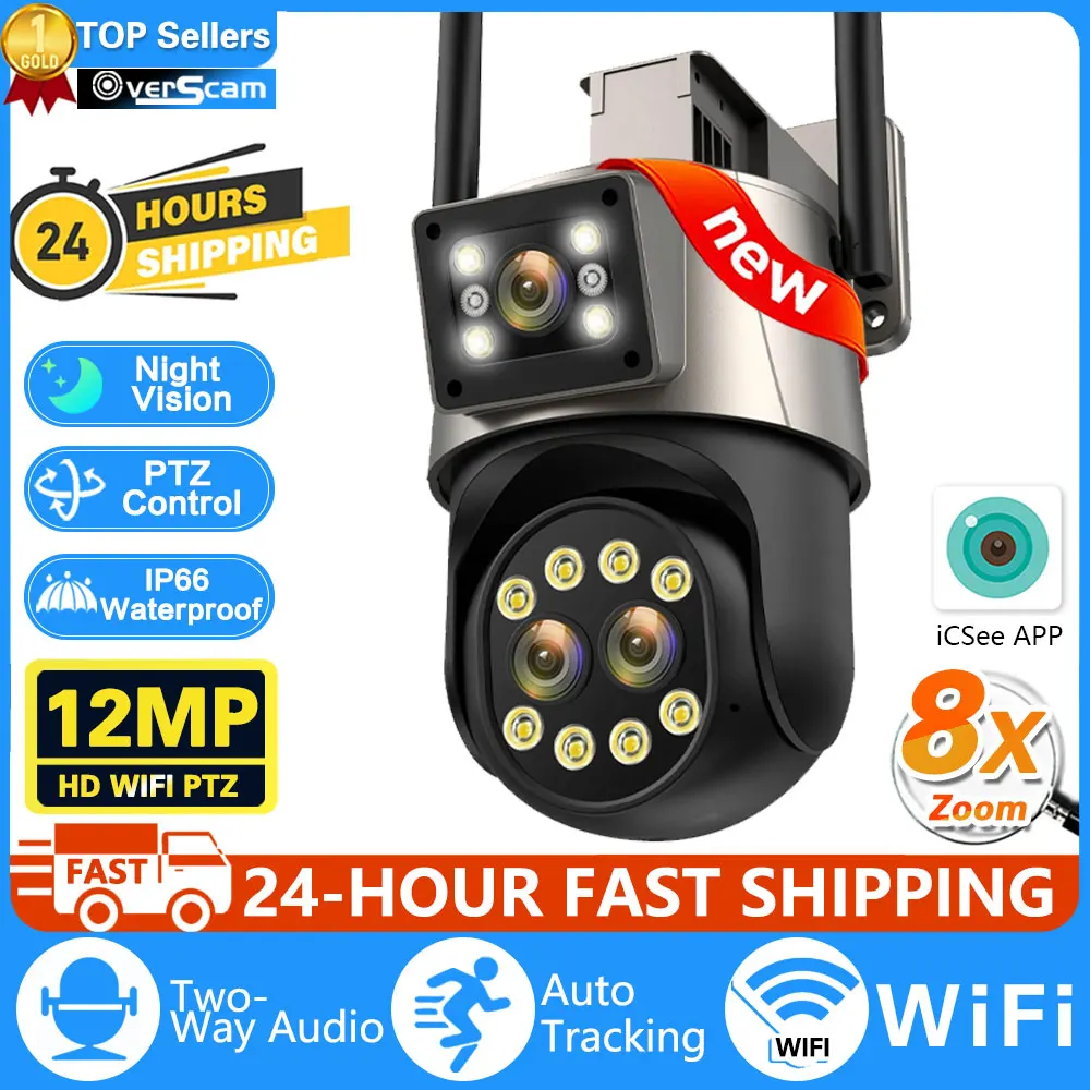 

12MP 8X Zoom PTZ WiFi Camera Three Lens Dual Screen Color Night Vision Outdoor Security IP Camera CCTV Surveillance Camera ICSEE