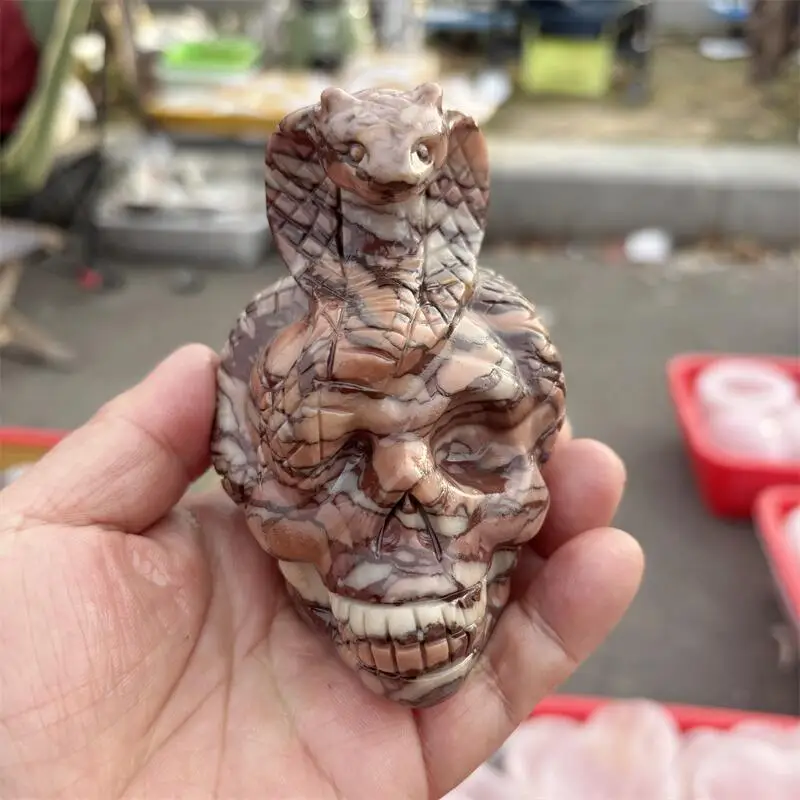 

Natural Red Striped Stone Snake And Skull Carving Crystal Halloween Healing Gift Festival Craft For Decoration 1pcs