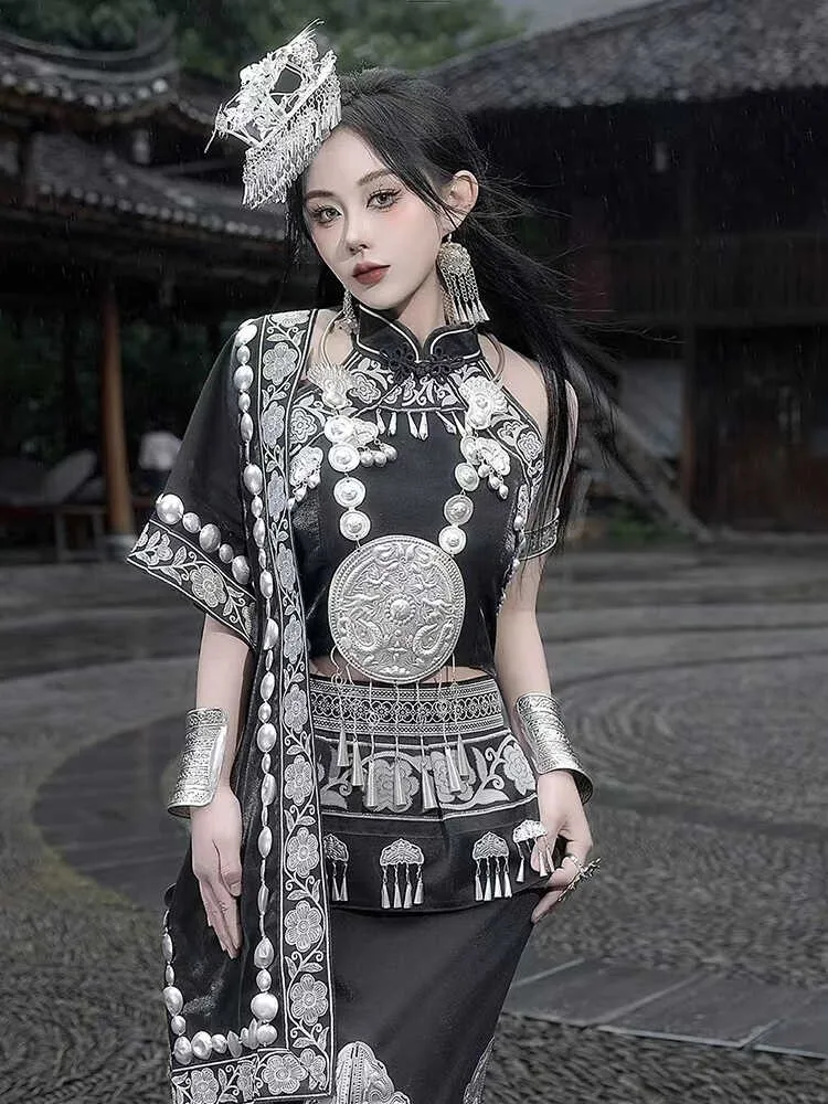 

Exotic style clothing black stand-up collar cheongsam top fishtail skirt headwear set new photography and portrait