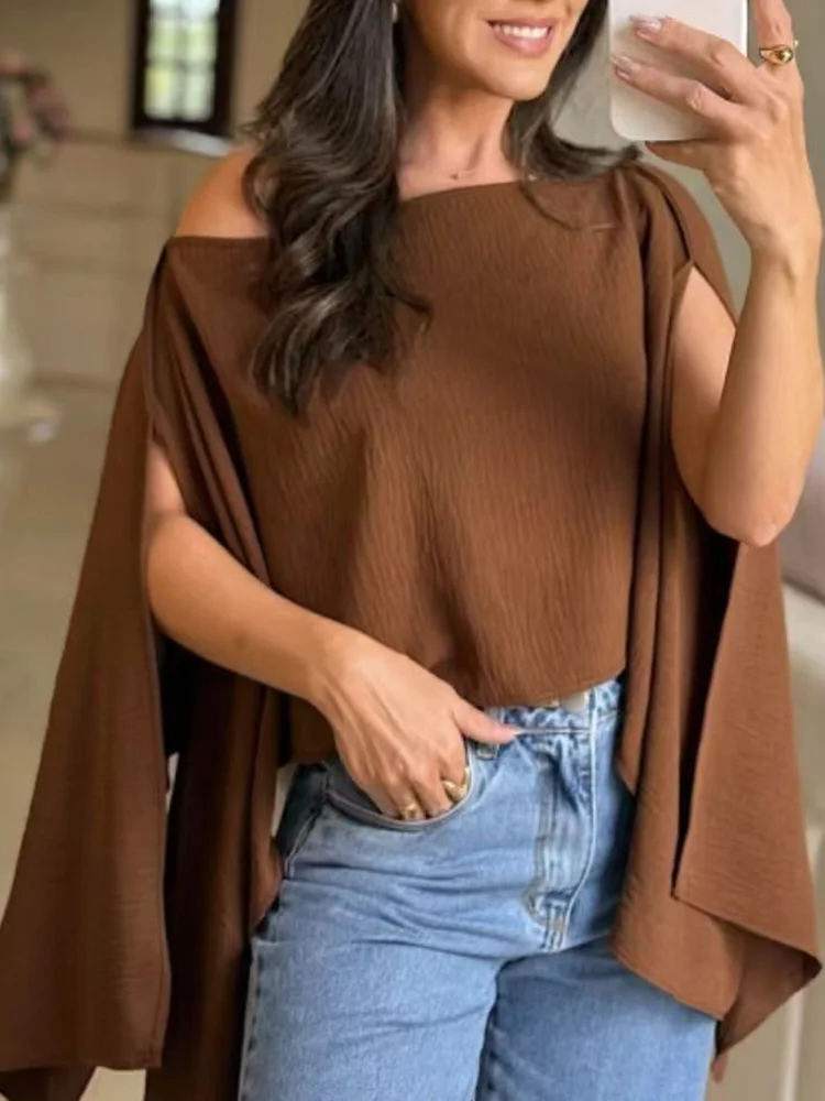 Blusa informal con manga de murciélago y cuello oblicuo para mujer, camisa holgada lisa elegante para mujer, Blusa de primavera y verano 2021, Top Sexy para mujer, ropa de calle