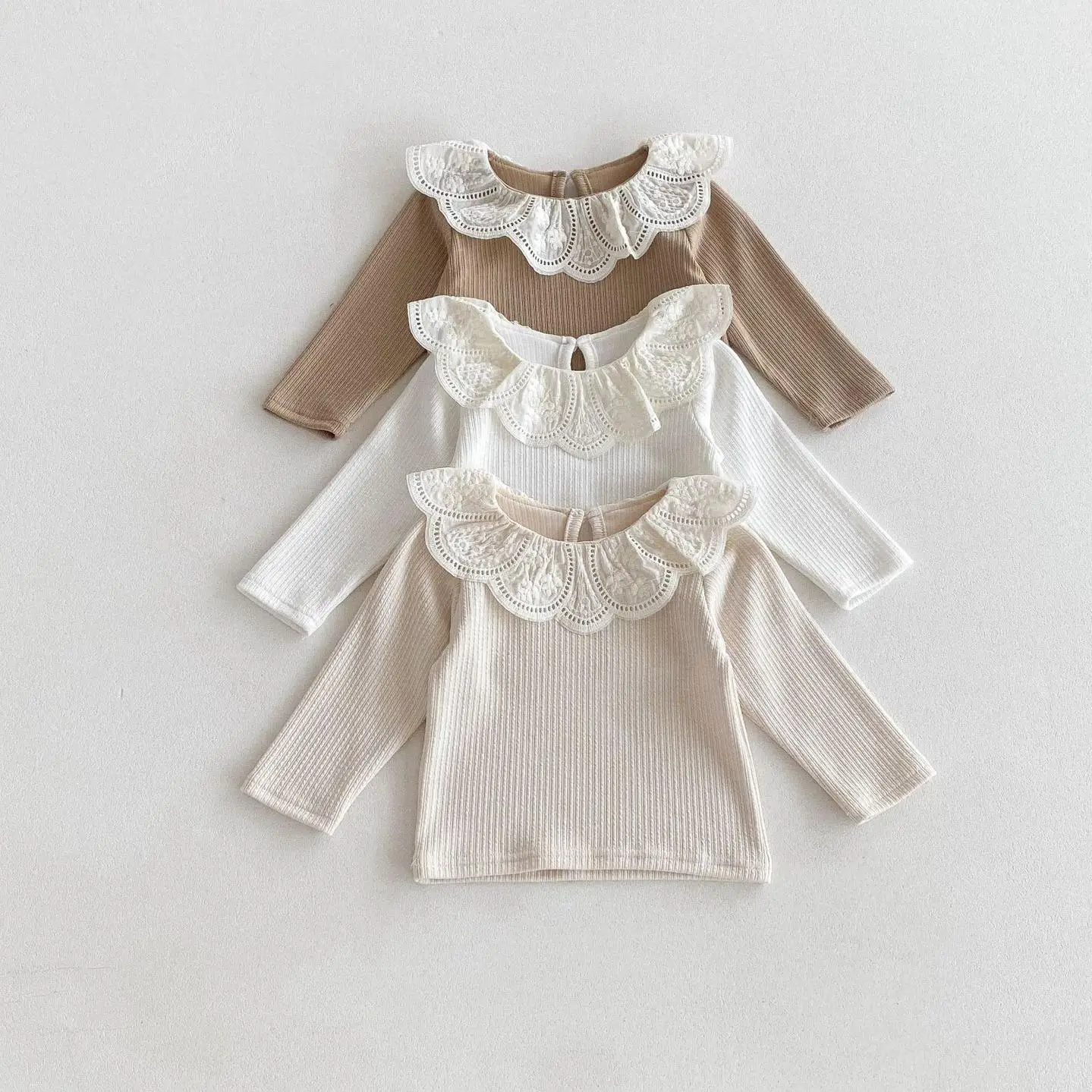 

Autumn Baby Girl Clothes Girl Infant Solid Lace Lotus Collar Long Sleeve T-shirt Children Ribbed Bottoming Shirt Kid Cotton Tops