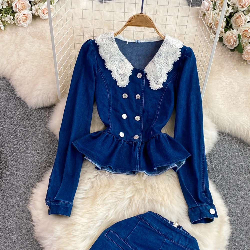 النساء الدنيم 2 قطعة مجموعات سترة تنورة دعوى التنانير الطويلة معطف بيتر بان طوق مزدوجة الصدر وتتسابق غسلها الحلو فرقة 2025