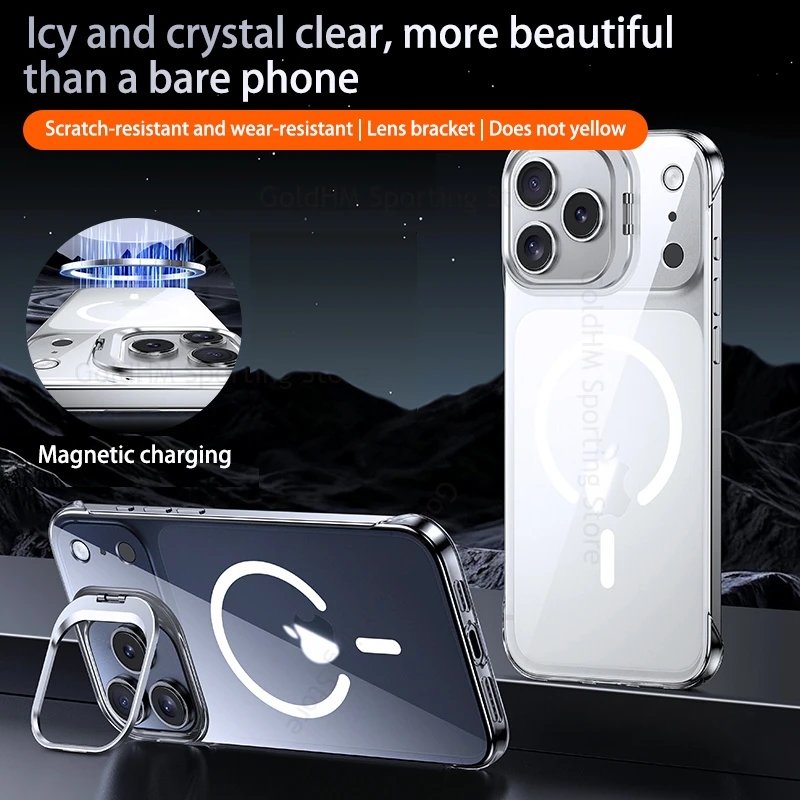 

HD Transparent Frameless For Magsafe Case For iPhone 17 Pro Max Wireless Charger Flip Lens Kickstand Cover For Apple 16 Pro Max