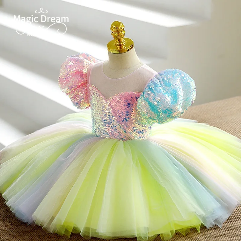 Customized Color Sequins Flower Girl DressesO-Neck Puff Sleeve Ball Gown Girl Birthday Gowns Princess Temperament Junior Bridesm