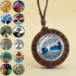 Life Tree Pendant Necklace Yin Yang Tree of Life Glass Dome Vintage Wooden Pendants Necklaces for Women Men Art Charms Jewelry