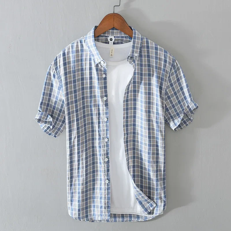 

2023 Summer New Casual Plaid Contrast Color Short Sleeve Shirt for Men Slim Fit Cotton Cargo Streetwear Men Clothing Z129