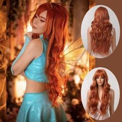 Long Wavy Orange Brown Synthetic Wigs Curly Ginger Wig With Bangs for Women Winx Fairy Cosplay Costume Wig Heat Resistant Fiber
