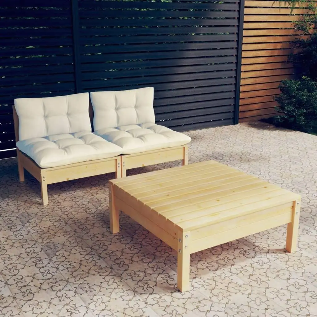 3-Piece Pinewood Patio Lounge Set with Cream Cushions - Stylish Outdoor Furniture