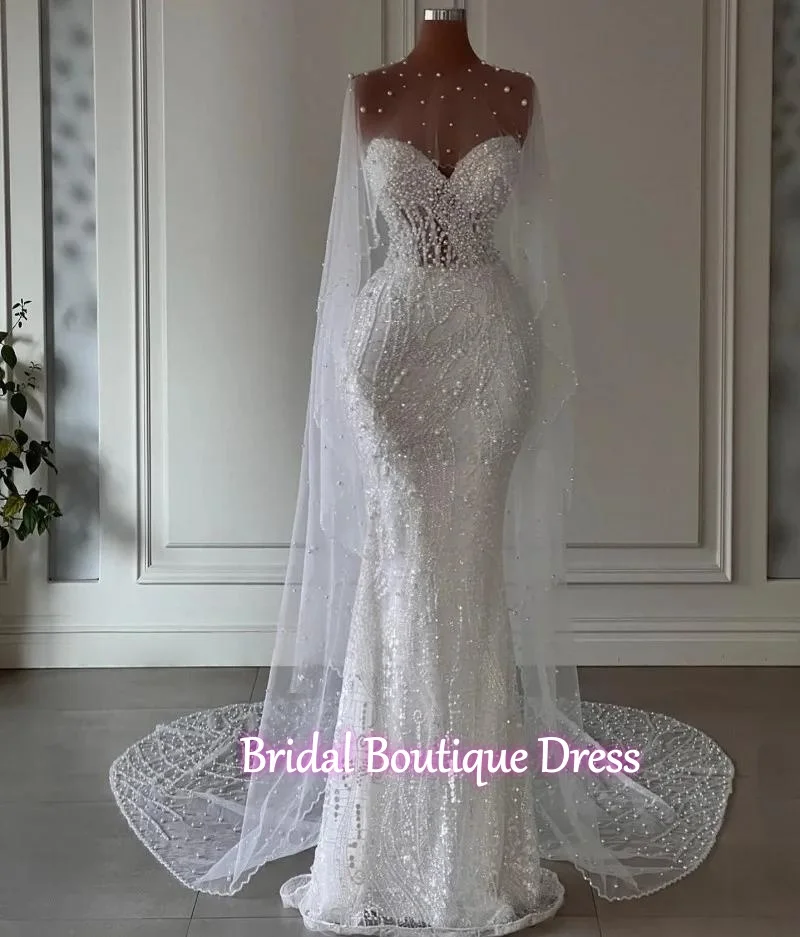 

Luxury Dubai Wedding Dresses With Shawl Pearls Civil Mermaid Bridal Gowns For Women vestido de noiva Customized