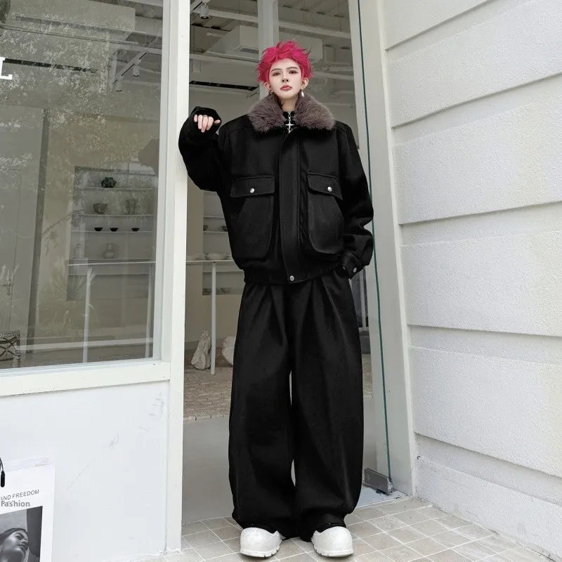 

Зимний утепленный шерстяной комплект: пальто и брюки, мужская модная рабочая куртка с меховым воротником, длинный рукав, подростковый размер