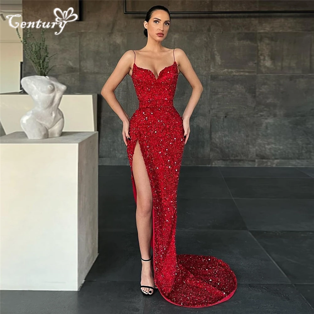 Red Prom Dress Long Sequined Spaghetti Straps Simple Evening Party Gowns Mermaid Formal Dresses Robe De Soiree Customized