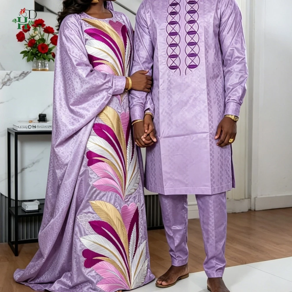 Vestidos africanos H&D para parejas, conjunto morado a juego, traje tradicional bordado para hombre, vestido original de Dubái para damas.