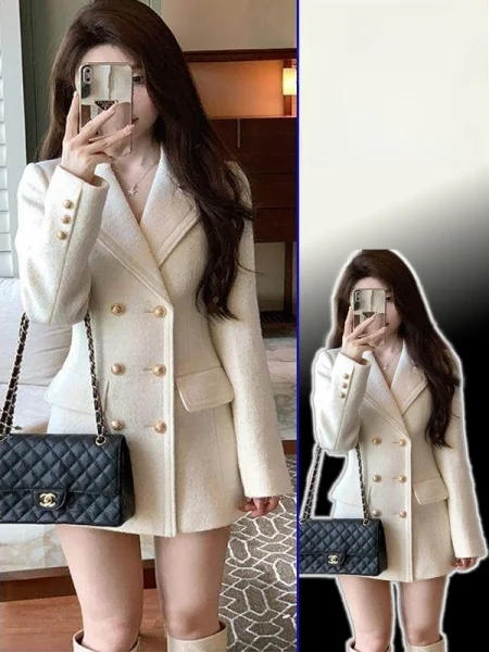 

plus Size Women's Woolen Suit Jaet Waist-Cinching Korean Sle Long Sve Mid-Length Double-Breasted Coat for Spring