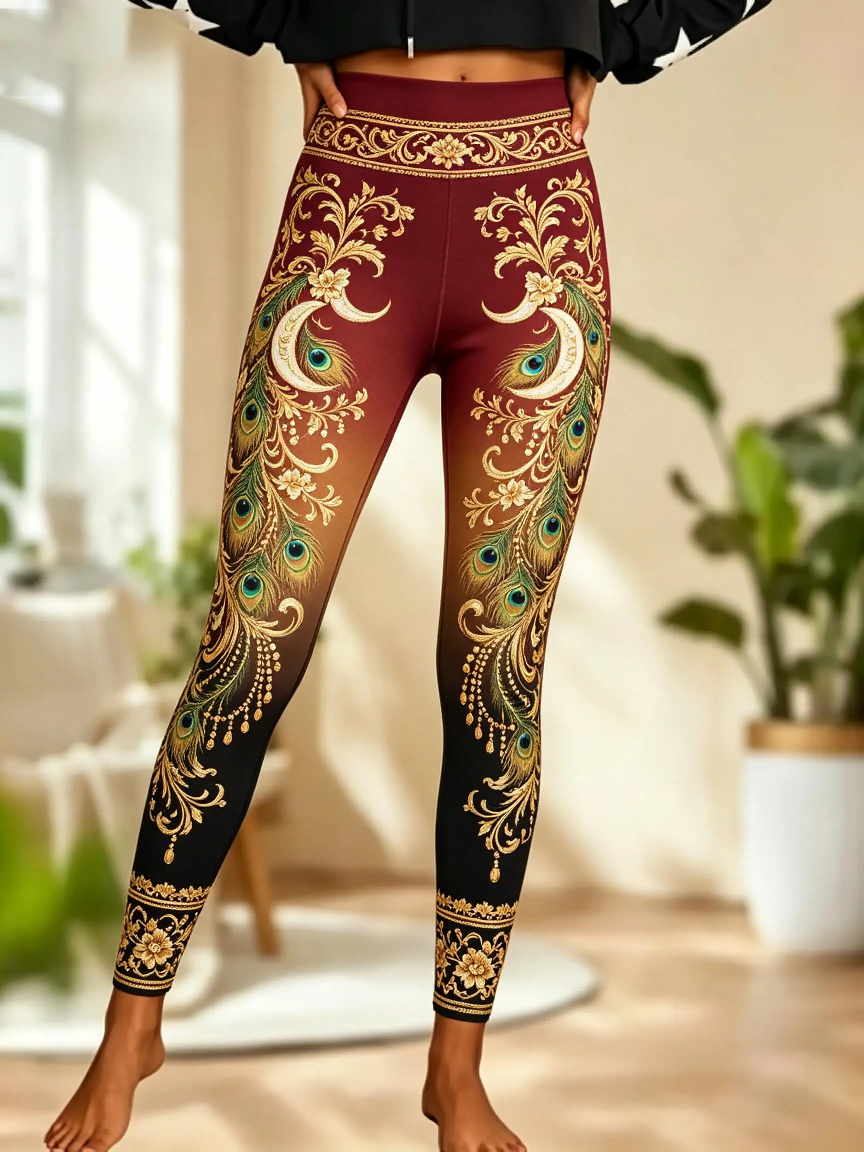 Women Fleece‑lined Mid‑rise Leggings Ombre Gradient Peacock Feather Crescent Moon Floral Ornate Border Print Slim Stretch  Pants - view 4