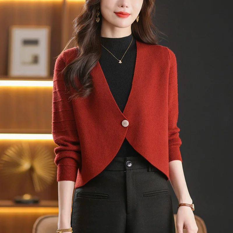 Women V Neck Single Button Short Knit Cardigan Elegant Long Sleeve Shawl Outerwear For Spring Autumn
