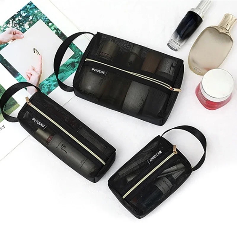 New Mesh Transparent Handheld Black Cosmetic Bag Men Women Makeup Bag Travel Toiletry Skincare Storage Portable Clear Wash Pouch