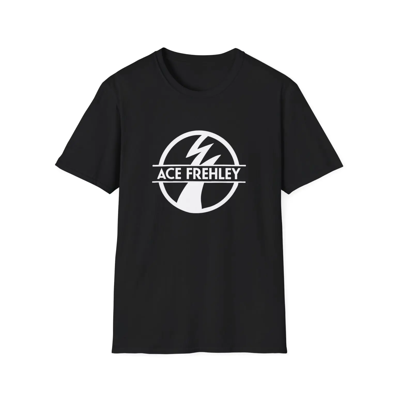Camiseta com logotipo exclusivo KISS Ace Frehley: base azul marinho com símbolo de relâmpago icônico e design de nome Camiseta Fan Merch