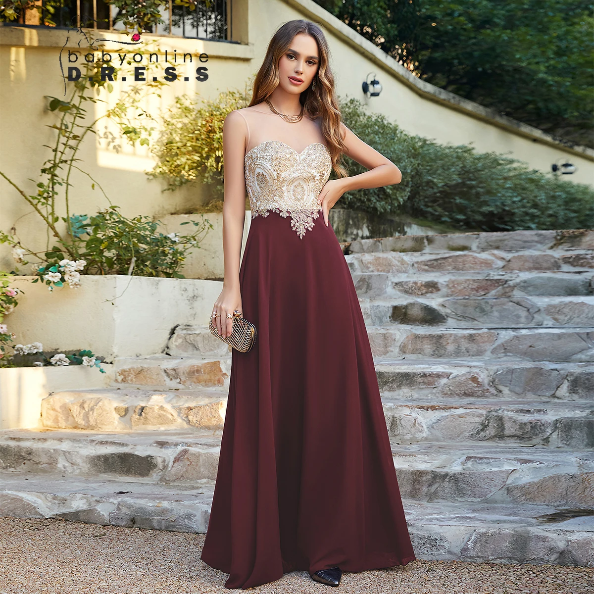 Women Evening Dresses Illusion Sweetheart Backless Zipper Gold Appqulies A Line Wedding Guest Bridesmaid Long Formal Gown