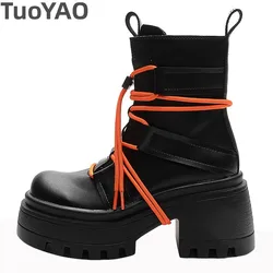 8.5cm High Top Genuine Leather Thick Sole Shoes Booties Women Motorcycle Pumps Autumn Knee High Boots Wedge Ankle Big Toe Punk