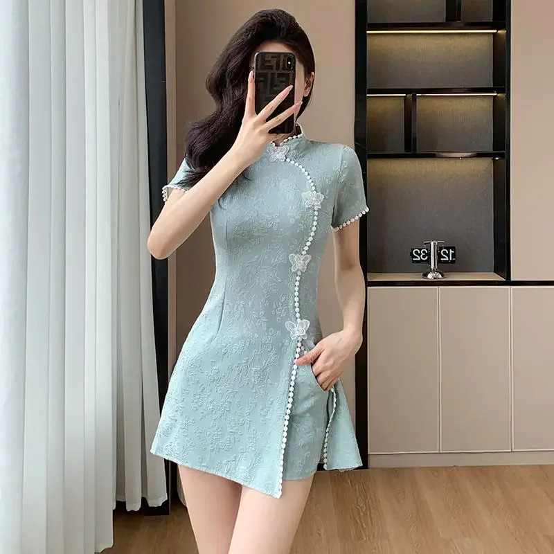 

Short-sleeved dress shorts two-piece women's 2024 summer new fashion suit improved cheongsam beaded skirt summer dress